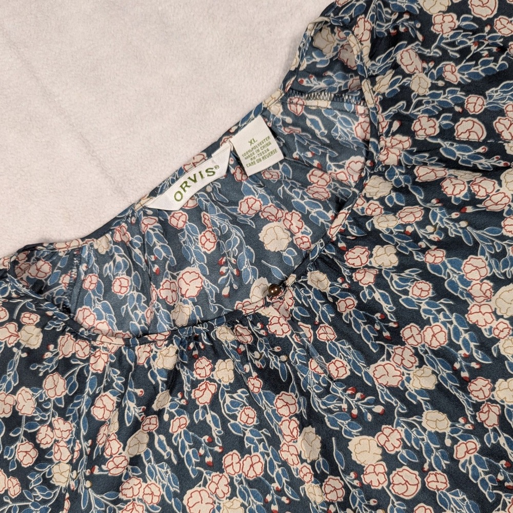 Orvis Womens XL Floral Border Print Peasant Blouse Navy Blue Long Sleeve Top